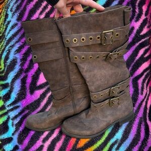 vintage y2k banana blues emo grunge punk faux leather biker boots, sz 6.5, FLAWS